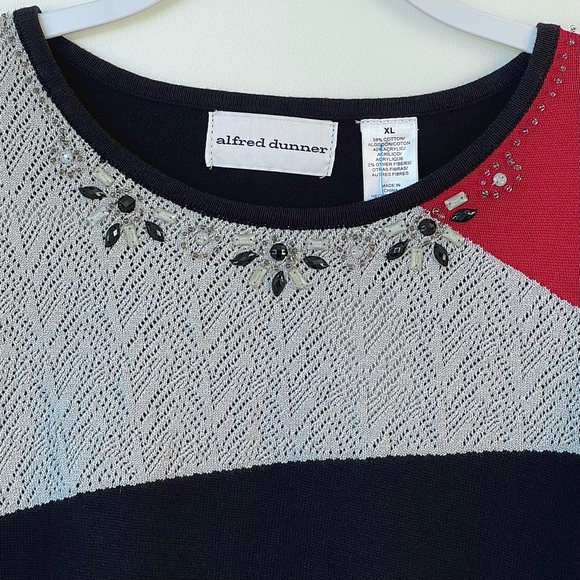 Alfred Dunner Knit Sweater Embellished Neckline Colorblock 3/4 Sleeve Crewneck - Picture 6 of 11